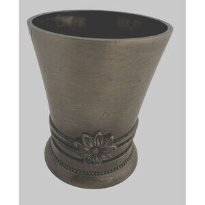 Pewter Finish Metal Bathroom‎ Tumbler Wastebasket Floral Relief Beaded Trim Gray